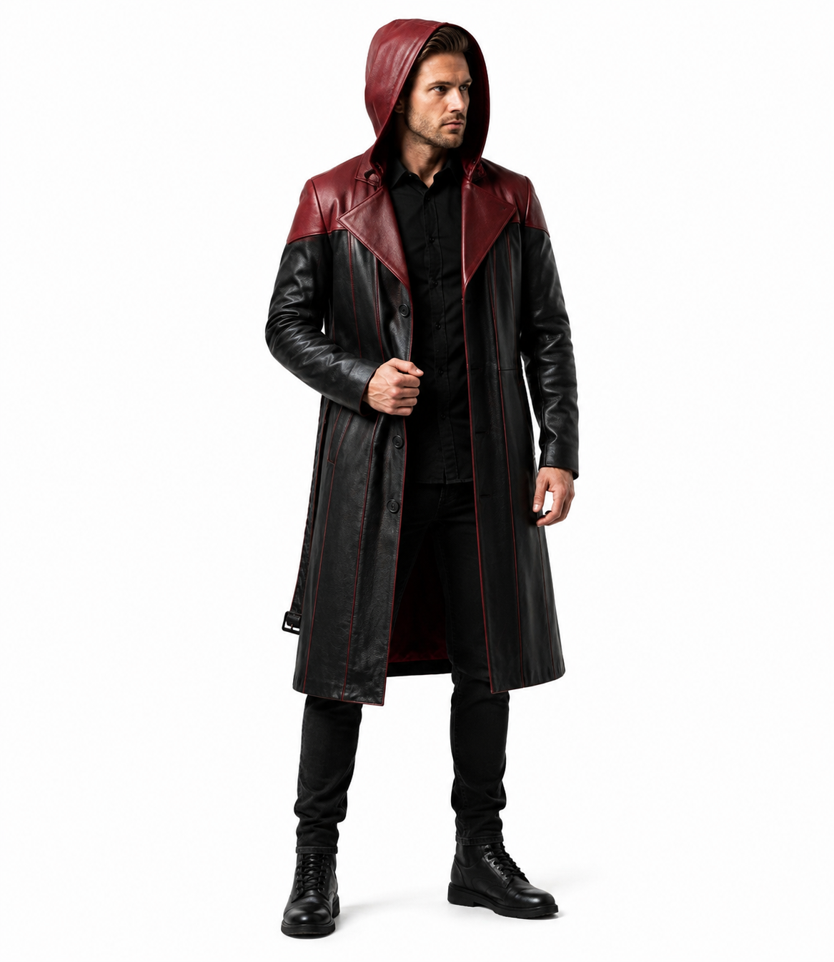 Men's Genuine Cowhide Leather Hooded Long Coat, Black and Deep Burgundy Button-Front Long Leather Coat