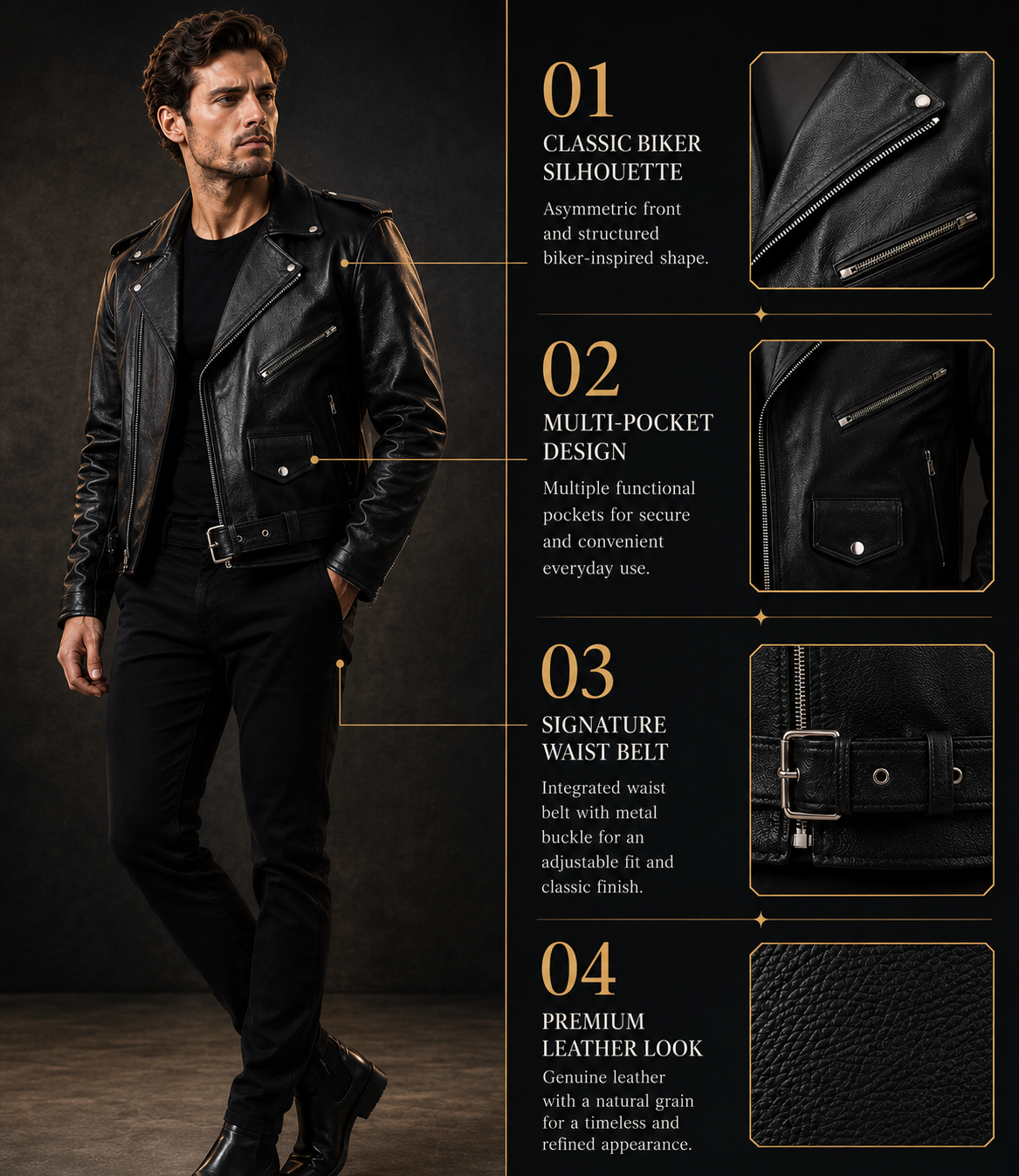 Men's Genuine Cow Leather Biker Jacket – Classic Motorcycle Jacket with Asymmetric Zip Closure, Multiple Pockets & Adjustable Waist Belt