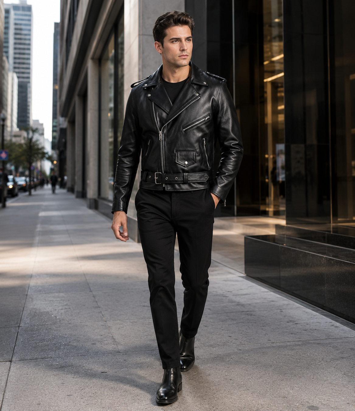 Men's Genuine Cow Leather Biker Jacket – Classic Motorcycle Jacket with Asymmetric Zip Closure, Multiple Pockets & Adjustable Waist Belt