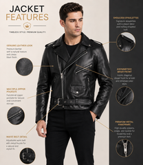 Men's Genuine Cow Leather Biker Jacket – Classic Motorcycle Jacket with Asymmetric Zip Closure, Multiple Pockets & Adjustable Waist Belt