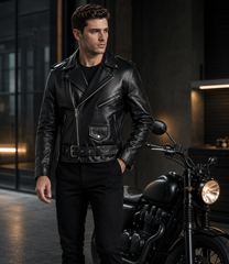 Men's Genuine Cow Leather Biker Jacket – Classic Motorcycle Jacket with Asymmetric Zip Closure, Multiple Pockets & Adjustable Waist Belt
