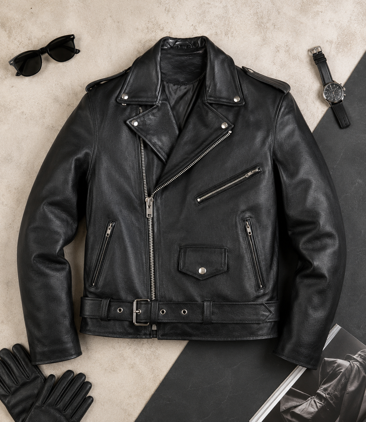 Men's Genuine Cow Leather Biker Jacket – Classic Motorcycle Jacket with Asymmetric Zip Closure, Multiple Pockets & Adjustable Waist Belt