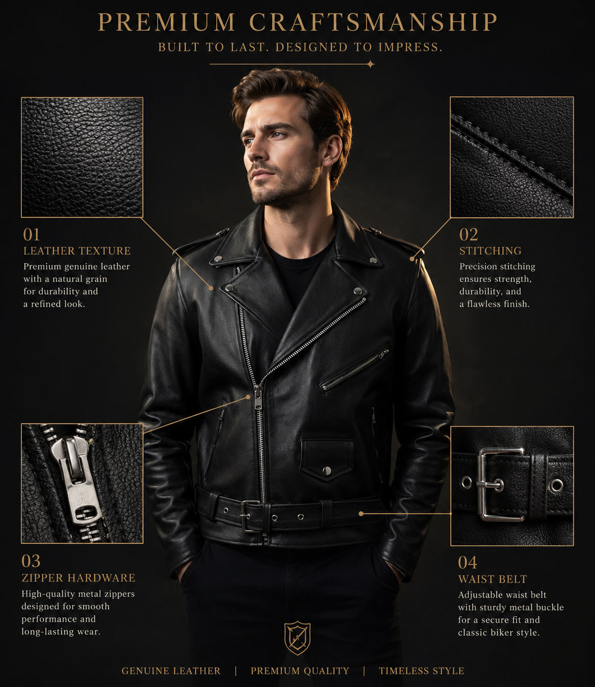 Men's Genuine Cow Leather Biker Jacket – Classic Motorcycle Jacket with Asymmetric Zip Closure, Multiple Pockets & Adjustable Waist Belt