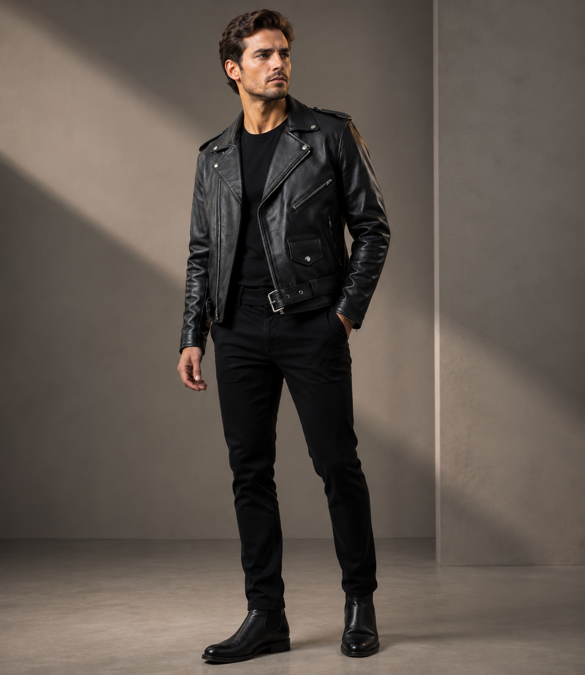 Men's Genuine Cow Leather Biker Jacket – Classic Motorcycle Jacket with Asymmetric Zip Closure, Multiple Pockets & Adjustable Waist Belt