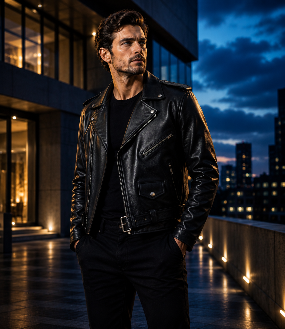 Men's Genuine Cow Leather Biker Jacket – Classic Motorcycle Jacket with Asymmetric Zip Closure, Multiple Pockets & Adjustable Waist Belt