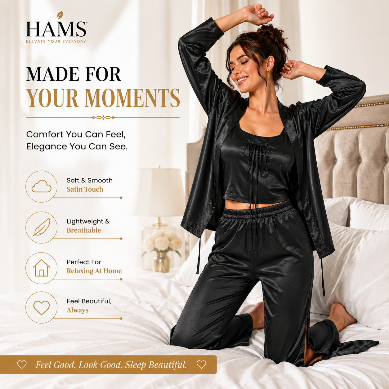 HAMS Women's 2-Piece Satin Pajama Set – Black | Long Sleeve Cardigan, Wide Leg Pants, Elastic Waist, Side Slit, All-Season Sleepwear & Loungewear