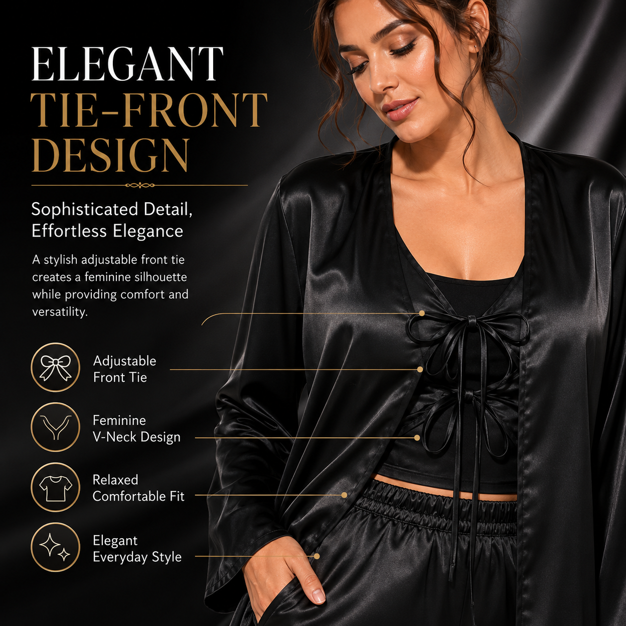 HAMS Women's 2-Piece Satin Pajama Set – Black | Long Sleeve Cardigan, Wide Leg Pants, Elastic Waist, Side Slit, All-Season Sleepwear & Loungewear