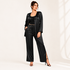 HAMS Women's 2-Piece Satin Pajama Set – Black | Long Sleeve Cardigan, Wide Leg Pants, Elastic Waist, Side Slit, All-Season Sleepwear & Loungewear