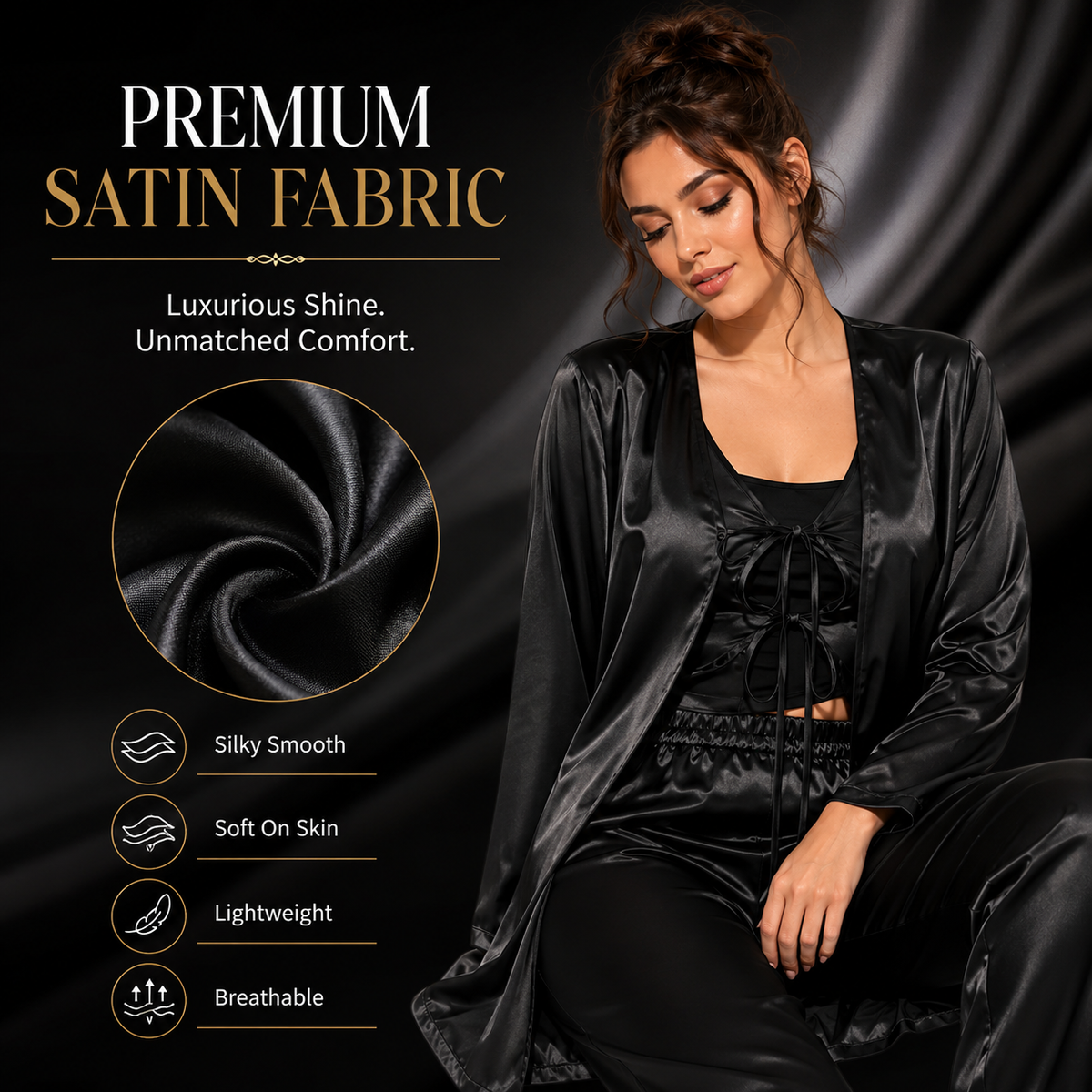 HAMS 2-Piece Satin Pajama Set for Women – Black | Long Sleeve Cardigan, Wide-Leg Pants, Elastic Waistband, Side Slit, Suitable for All Seasons