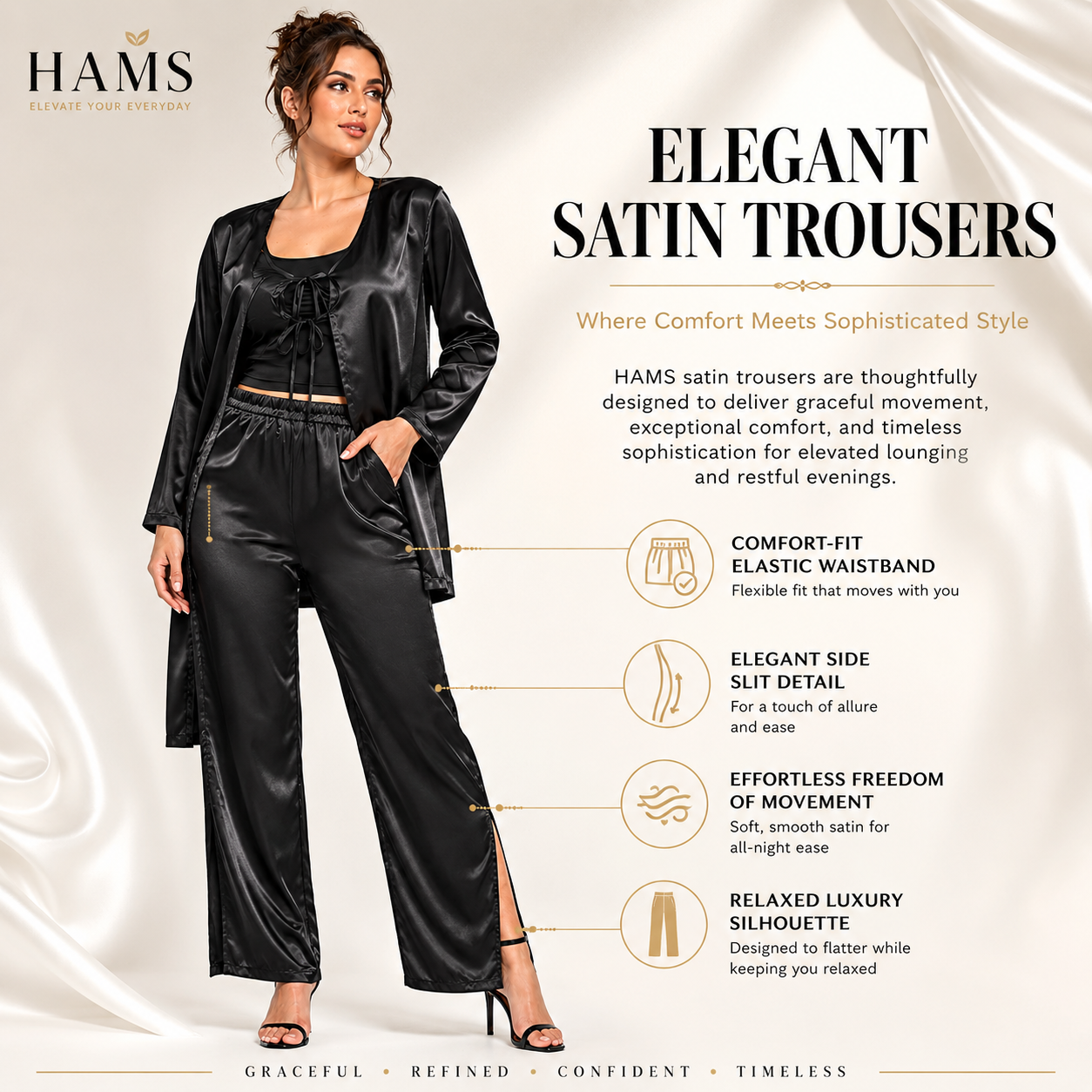 HAMS Women's 2-Piece Satin Pajama Set – Black | Long Sleeve Cardigan, Wide Leg Pants, Elastic Waist, Side Slit, All-Season Sleepwear & Loungewear