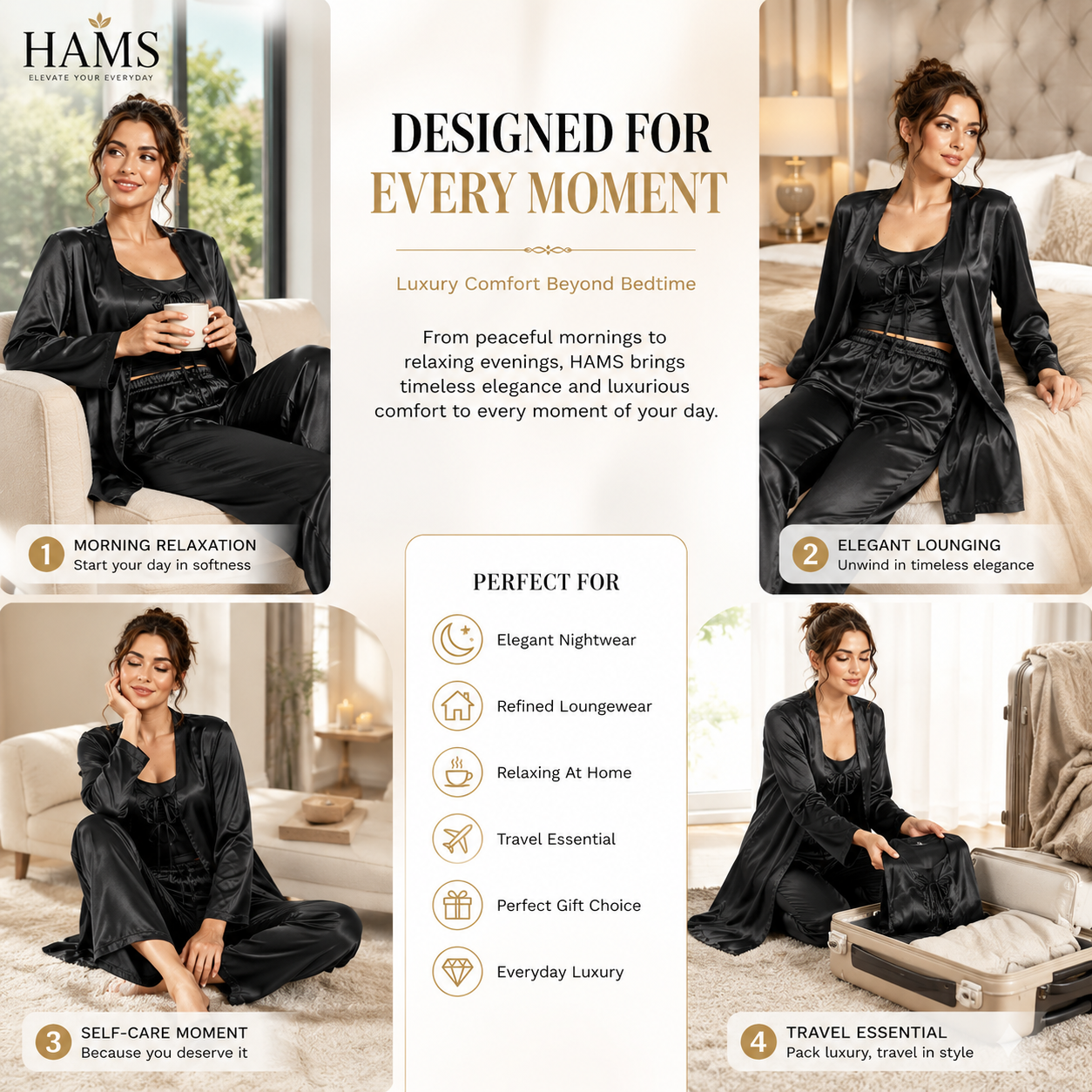 HAMS Women's 2-Piece Satin Pajama Set – Black | Long Sleeve Cardigan, Wide Leg Pants, Elastic Waist, Side Slit, All-Season Sleepwear & Loungewear