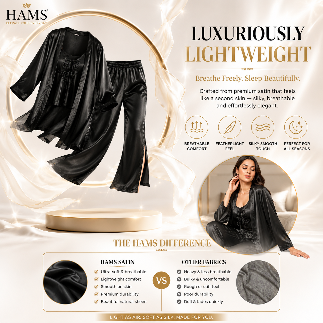 HAMS Women's 2-Piece Satin Pajama Set – Black | Long Sleeve Cardigan, Wide Leg Pants, Elastic Waist, Side Slit, All-Season Sleepwear & Loungewear