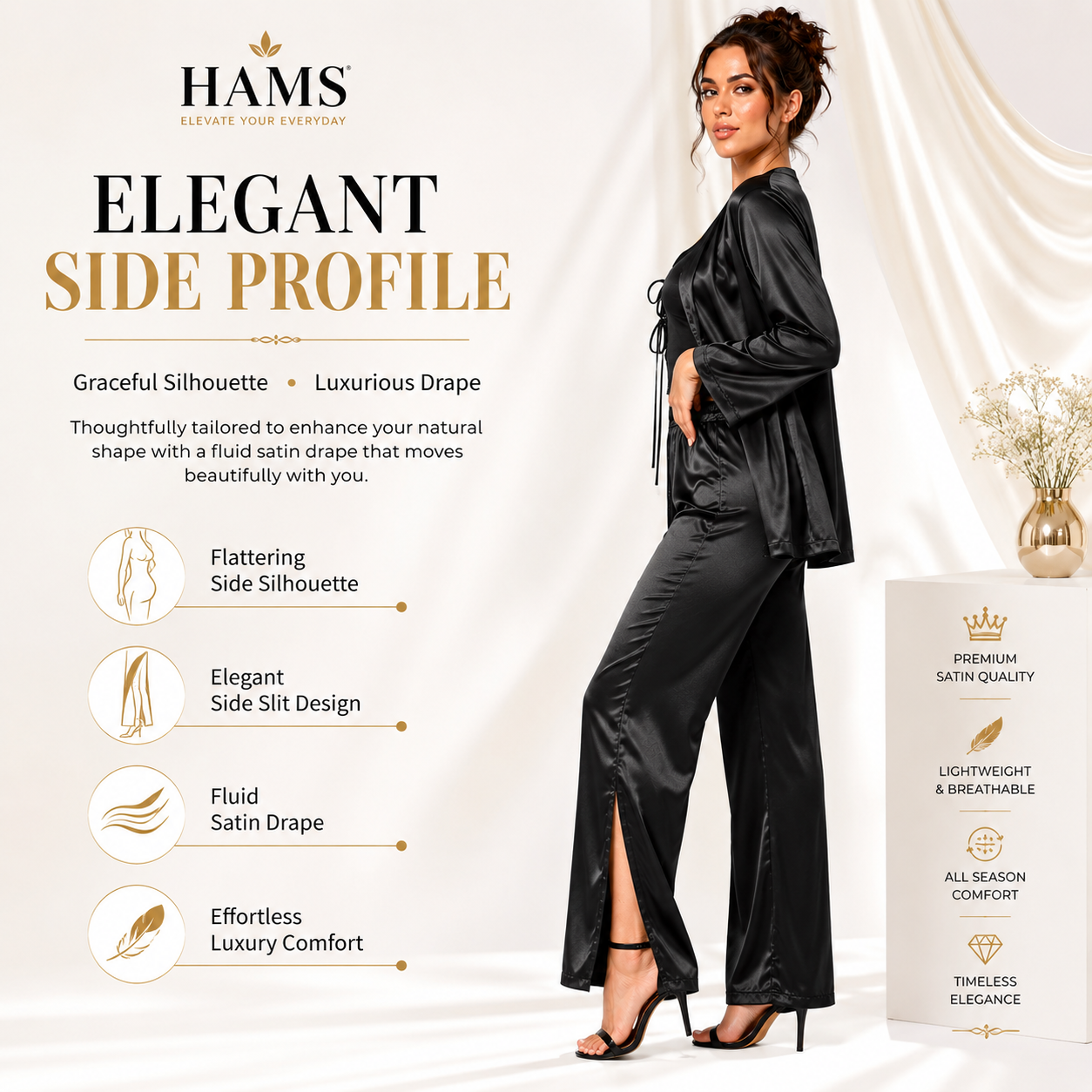 HAMS Women's 2-Piece Satin Pajama Set – Black | Long Sleeve Cardigan, Wide Leg Pants, Elastic Waist, Side Slit, All-Season Sleepwear & Loungewear