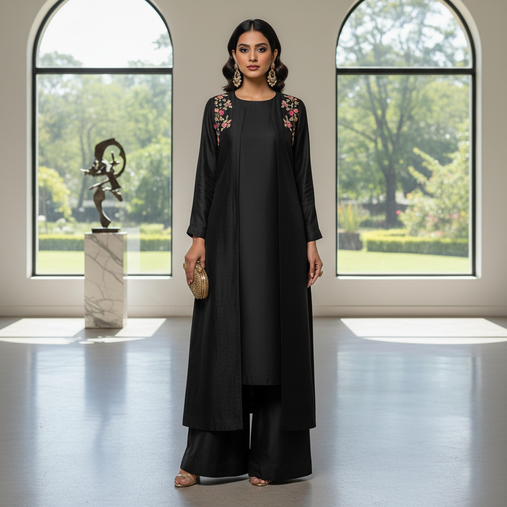 Secret Solutions Exclusive - 'Midnight Whisper' Black Raw Silk Suit With Minimal Multi-Color Shoulder Work