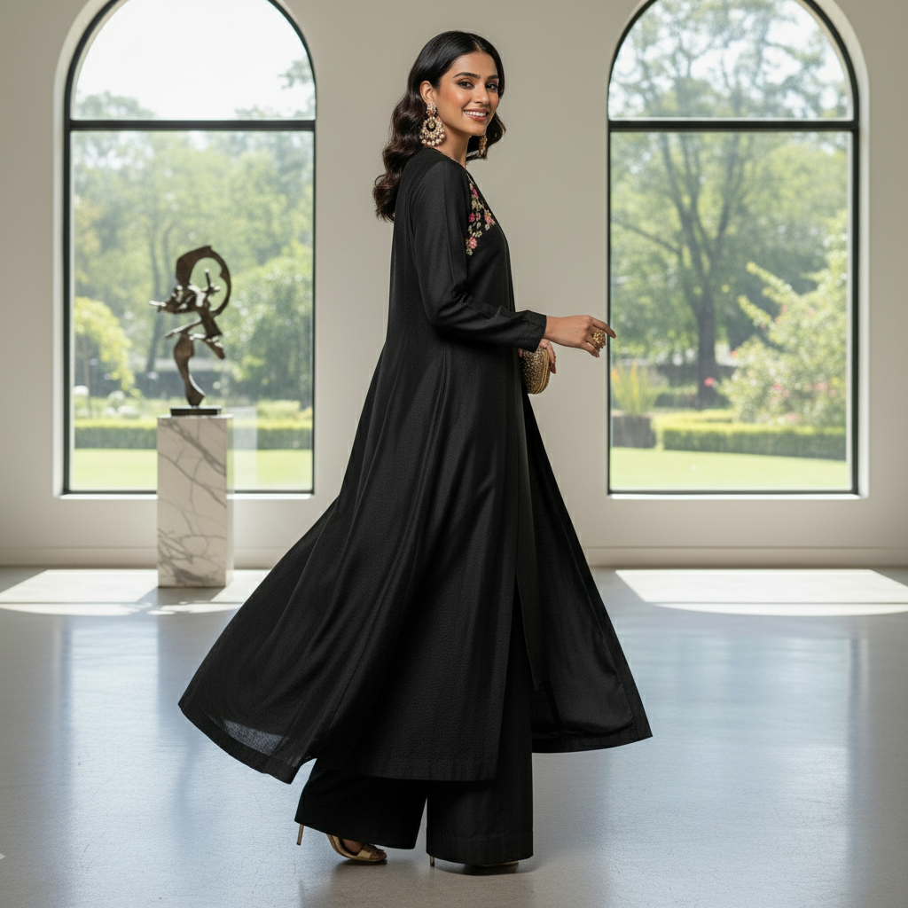 Secret Solutions Exclusive - 'Midnight Whisper' Black Raw Silk Suit With Minimal Multi-Color Shoulder Work