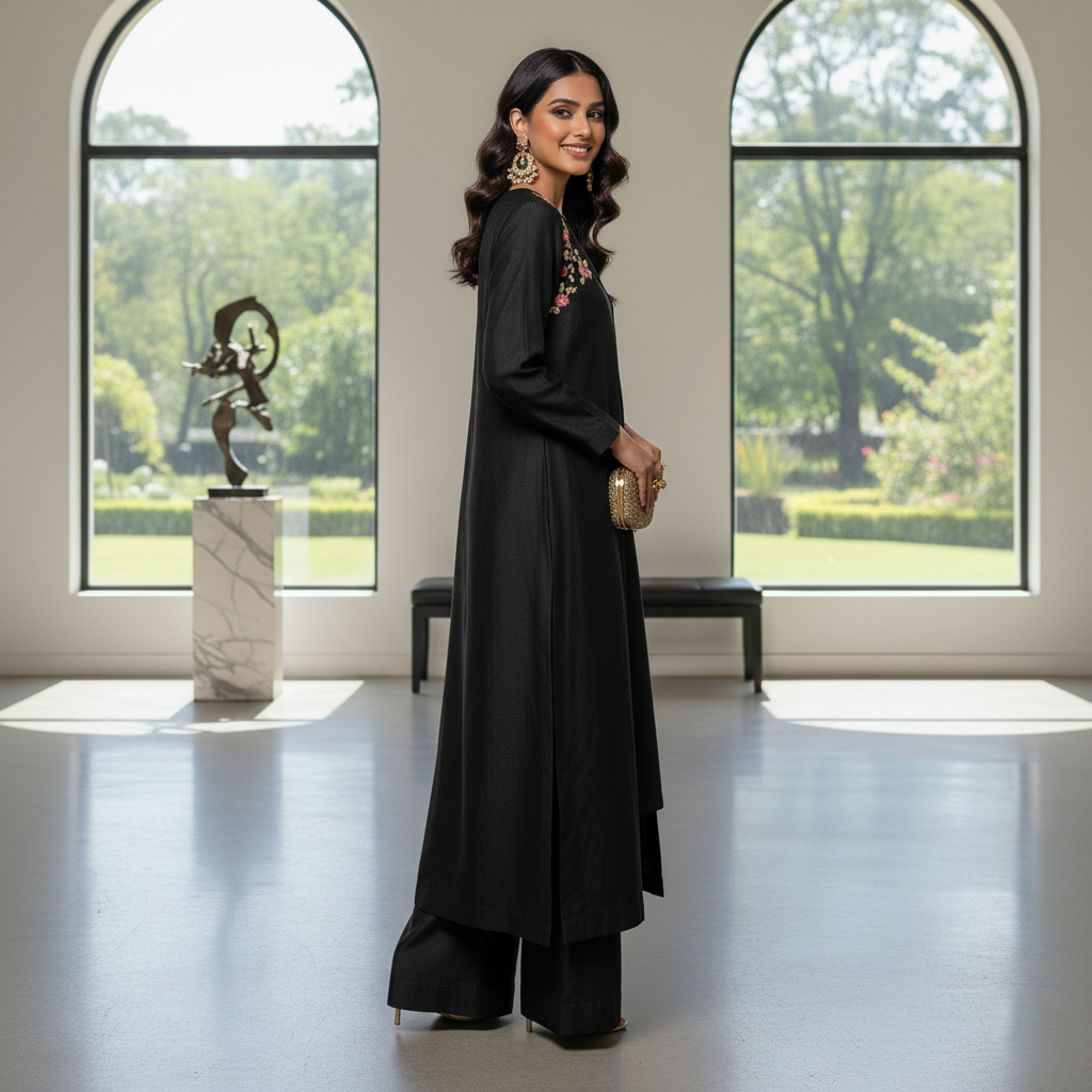 Secret Solutions Exclusive - 'Midnight Whisper' Black Raw Silk Suit With Minimal Multi-Color Shoulder Work