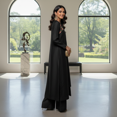 Secret Solutions Exclusive - 'Midnight Whisper' Black Raw Silk Suit With Minimal Multi-Color Shoulder Work