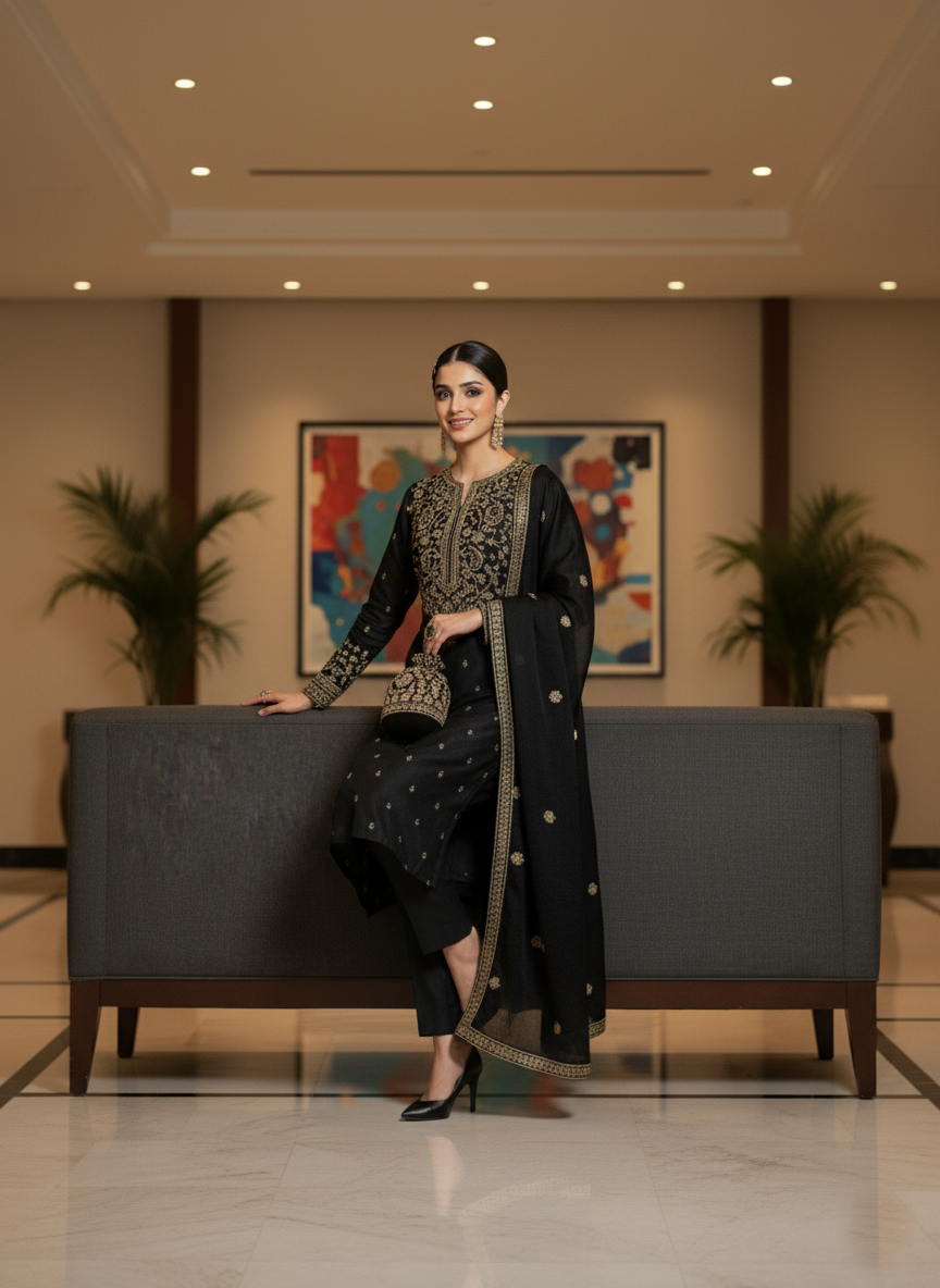 Midnight Elegance - Black Embroidered Silk Suit | Luxury Party Wear | Zari & Thread Work Kurta Set With Dupatta | Ethnic Formal Wear