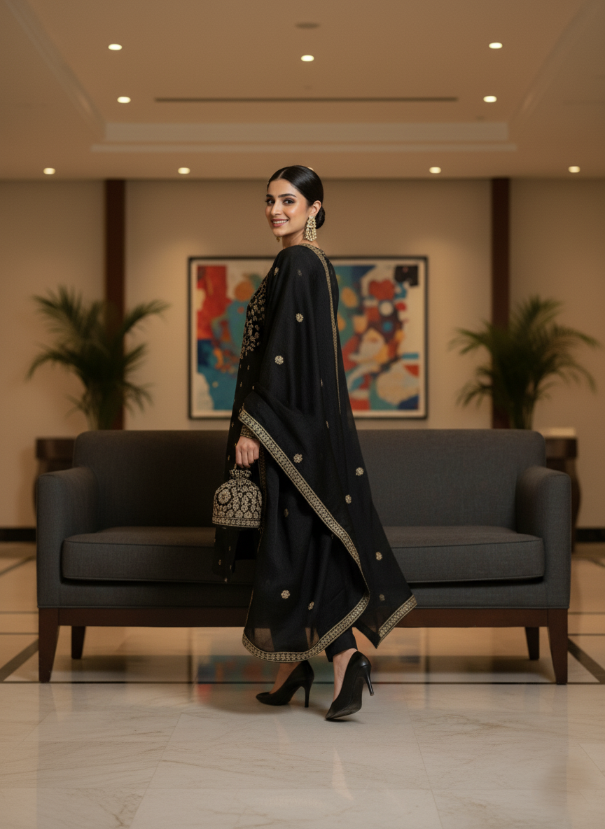 Midnight Elegance - Black Embroidered Silk Suit | Luxury Party Wear | Zari & Thread Work Kurta Set With Dupatta | Ethnic Formal Wear