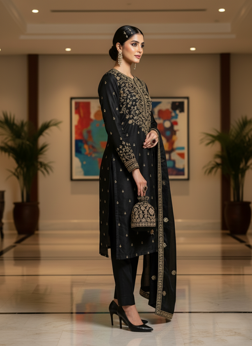 Midnight Elegance - Black Embroidered Silk Suit | Luxury Party Wear | Zari & Thread Work Kurta Set With Dupatta | Ethnic Formal Wear