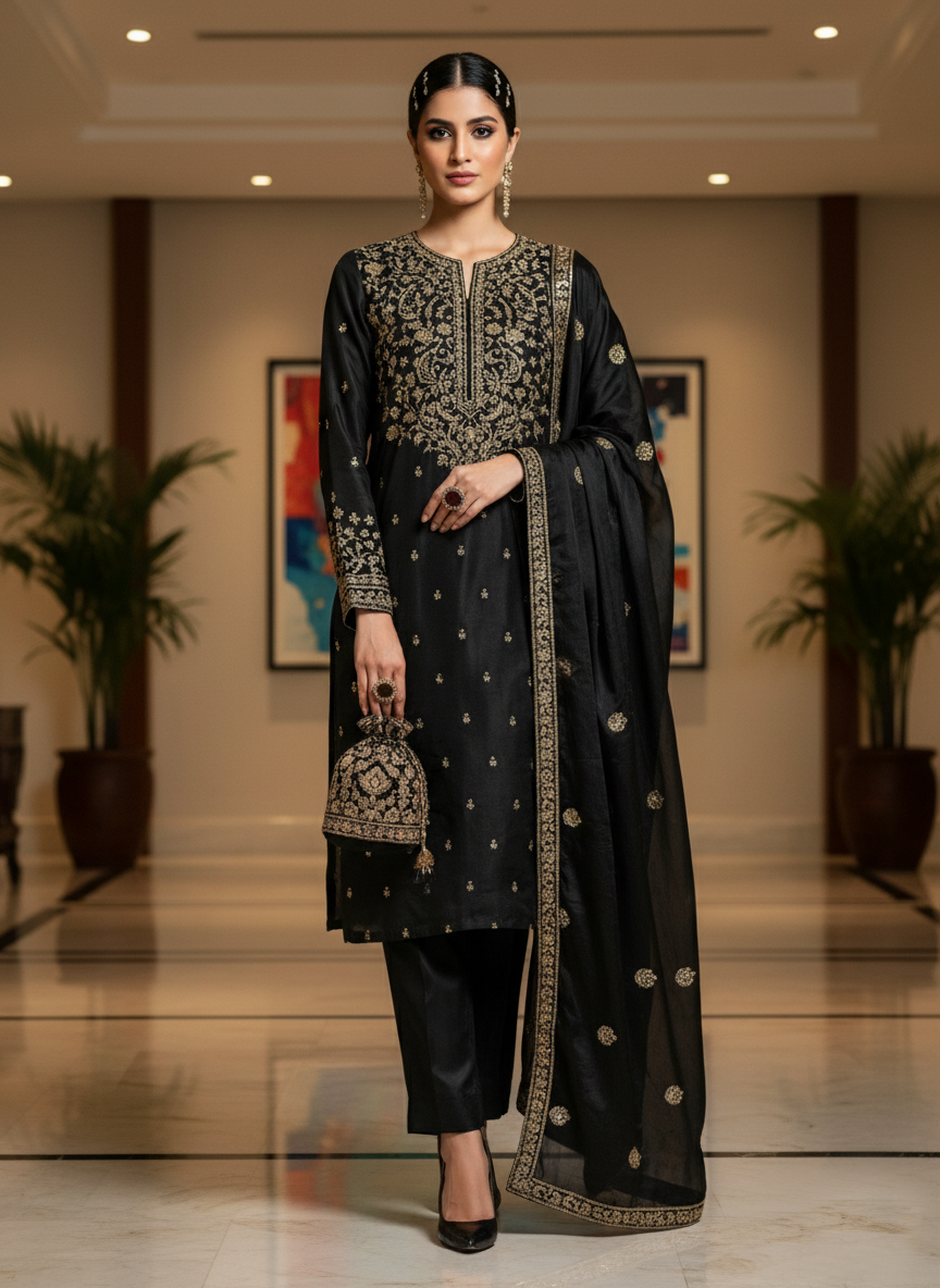 Midnight Elegance - Black Embroidered Silk Suit | Luxury Party Wear | Zari & Thread Work Kurta Set With Dupatta | Ethnic Formal Wear