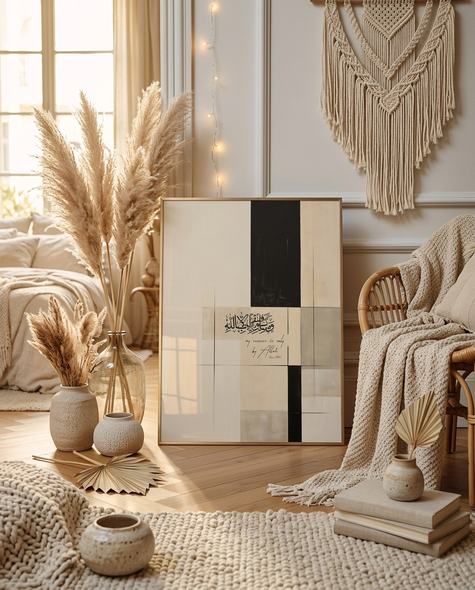 Beige Black Arabic Calligraphy Canvas Art – Modern Abstract Neutral Living Room Painting