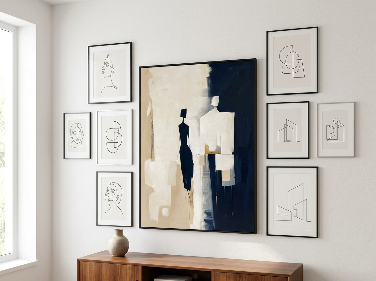 Abstract Silhouette Art Print, Modern Minimalist Beige Charcoal Composition