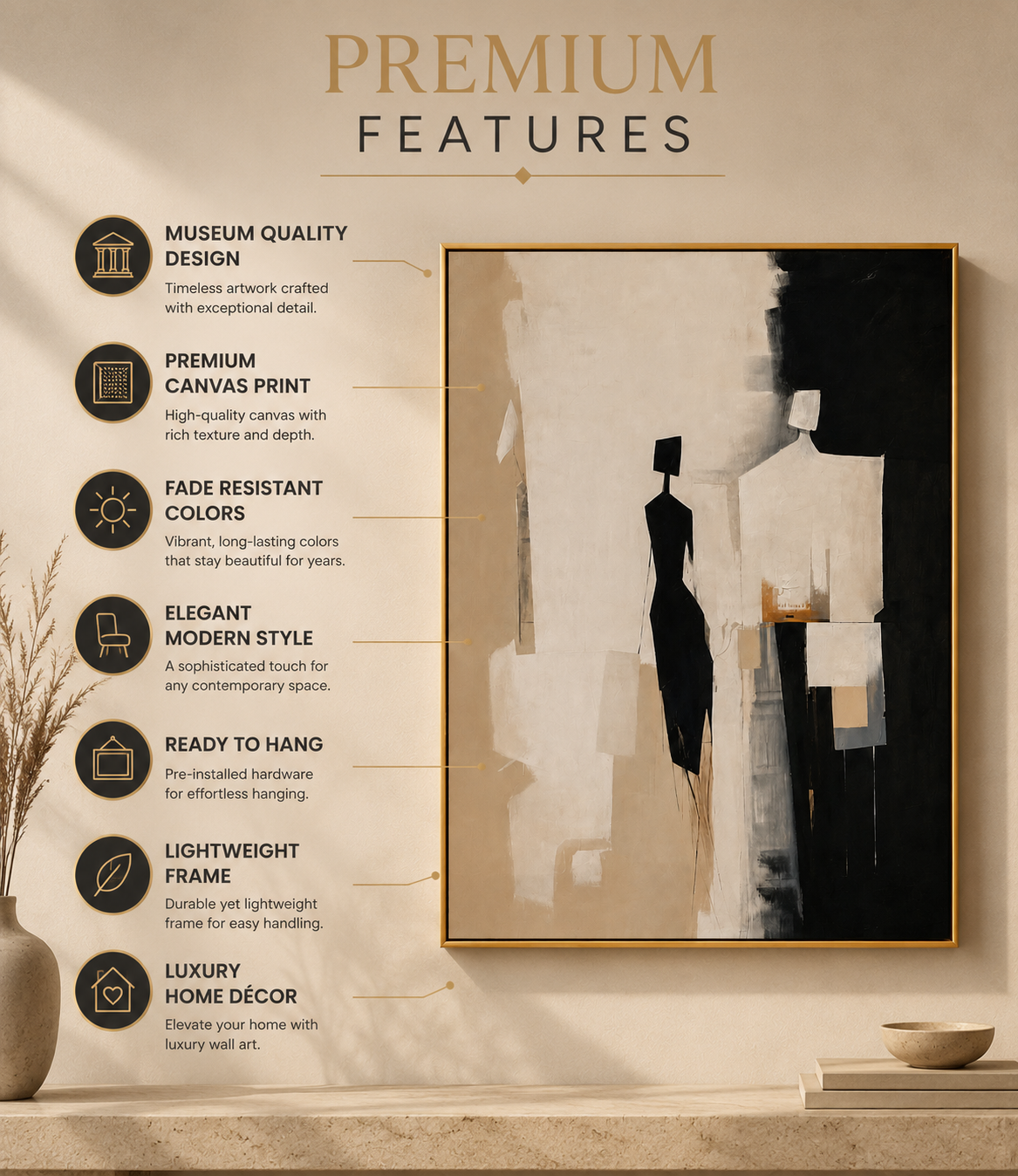 Modern Abstract Figure Canvas Wall Art | Minimalist Contemporary Canvas Painting | Luxury Neutral Wall Décor | Gallery Framed Artwork