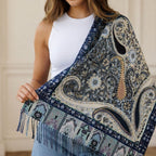 Premium Navy Blue Paisley Wool Scarf for Women