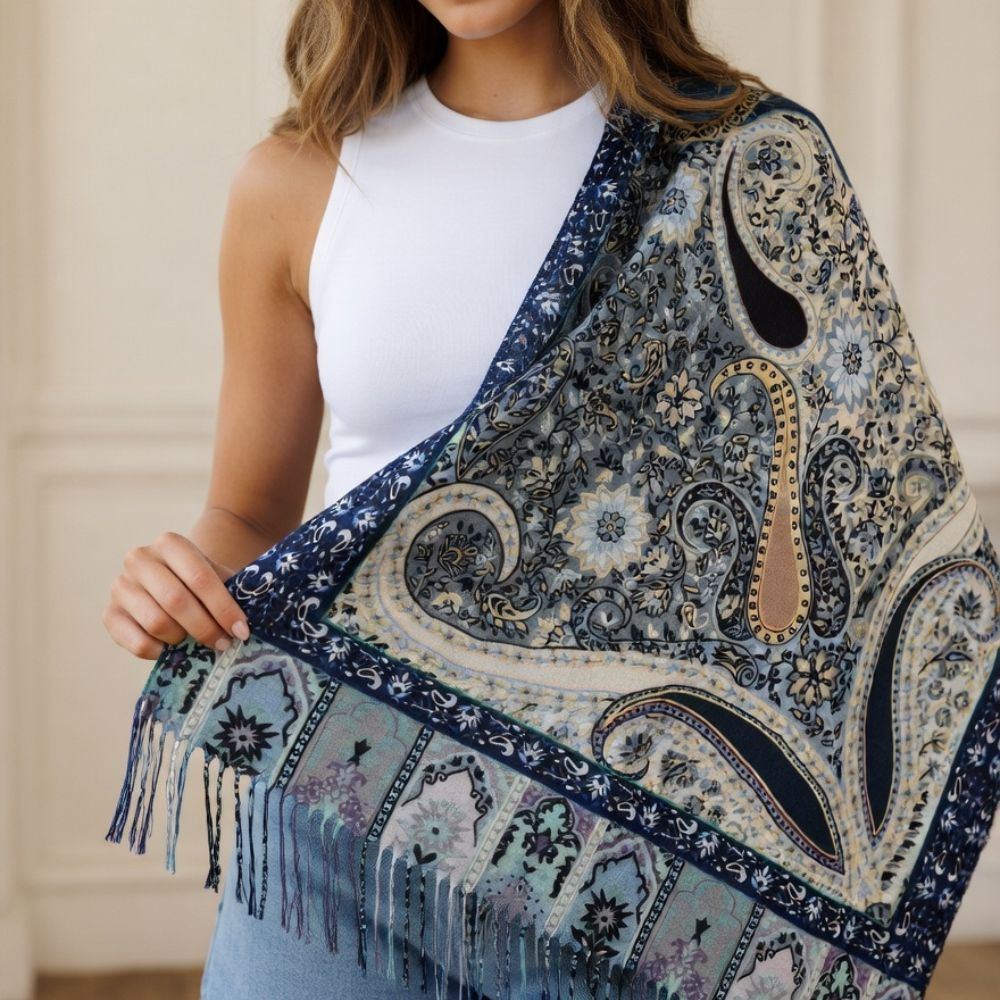 Premium Navy Blue Paisley Wool Scarf for Women – Elegant Printed Winter Wrap with Fringed Edges
