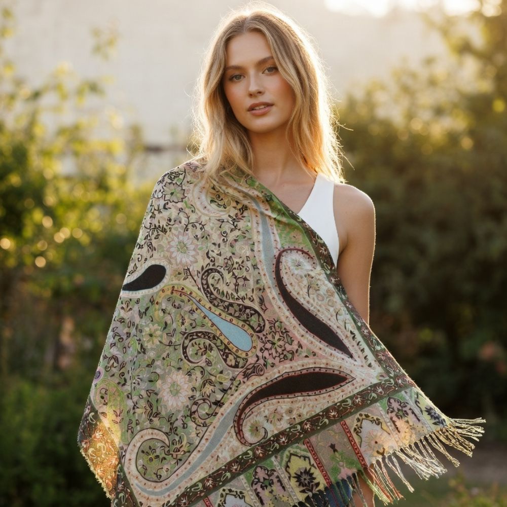 Premium Paisley Wool Shawl for Women – Elegant Printed Winter Wrap with Fringed Edges