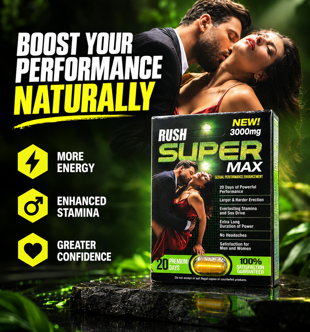 RUSH Super Max 3000mg adult wellness supplement capsules featuring a proprietary herbal blend with Maca Root, Tribulus Terrestris, Siberian Ginseng, Cordyceps Sinensis, Epimedium, L-Arginine, L-Lysine, Vitamin B6, and Vitamin B12. Compact product packaging marketed for adult male wellness, vitality, and sexual wellness support, with ingredient information and a capsule format for convenient storage. Review the original product label for verified ingredients, serving directions, and precautions.