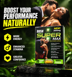 RUSH Super Max 3000mg adult wellness supplement capsules featuring a proprietary herbal blend with Maca Root, Tribulus Terrestris, Siberian Ginseng, Cordyceps Sinensis, Epimedium, L-Arginine, L-Lysine, Vitamin B6, and Vitamin B12. Compact product packaging marketed for adult male wellness, vitality, and sexual wellness support, with ingredient information and a capsule format for convenient storage. Review the original product label for verified ingredients, serving directions, and precautions.
