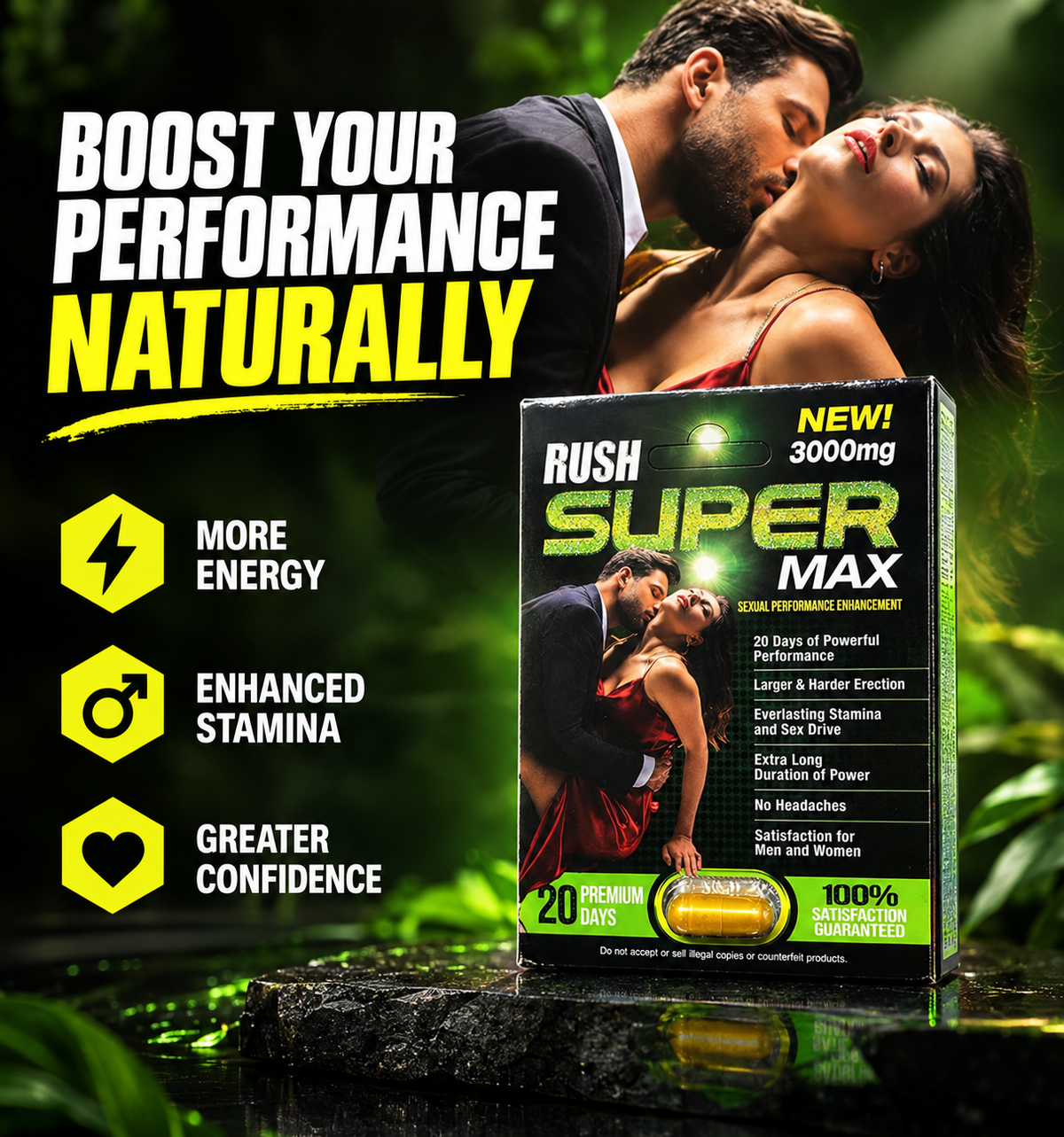 RUSH Super Max 3000mg adult wellness supplement capsules featuring a proprietary herbal blend with Maca Root, Tribulus Terrestris, Siberian Ginseng, Cordyceps Sinensis, Epimedium, L-Arginine, L-Lysine, Vitamin B6, and Vitamin B12. Compact product packaging marketed for adult male wellness, vitality, and sexual wellness support, with ingredient information and a capsule format for convenient storage. Review the original product label for verified ingredients, serving directions, and precautions.