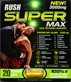 RUSH Super Max 3000mg adult wellness supplement capsules featuring a proprietary herbal blend with Maca Root, Tribulus Terrestris, Siberian Ginseng, Cordyceps Sinensis, Epimedium, L-Arginine, L-Lysine, Vitamin B6, and Vitamin B12. Compact product packaging marketed for adult male wellness, vitality, and sexual wellness support, with ingredient information and a capsule format for convenient storage. Review the original product label for verified ingredients, serving directions, and precautions.