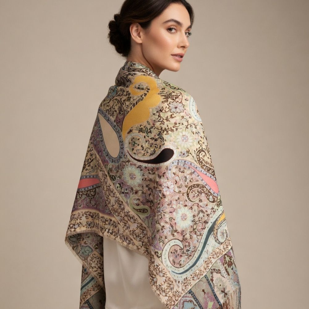 Premium Multicolor Paisley Wool Shawl for Women – Beige, Dusty Pink & Mustard Floral Printed Winter Wrap