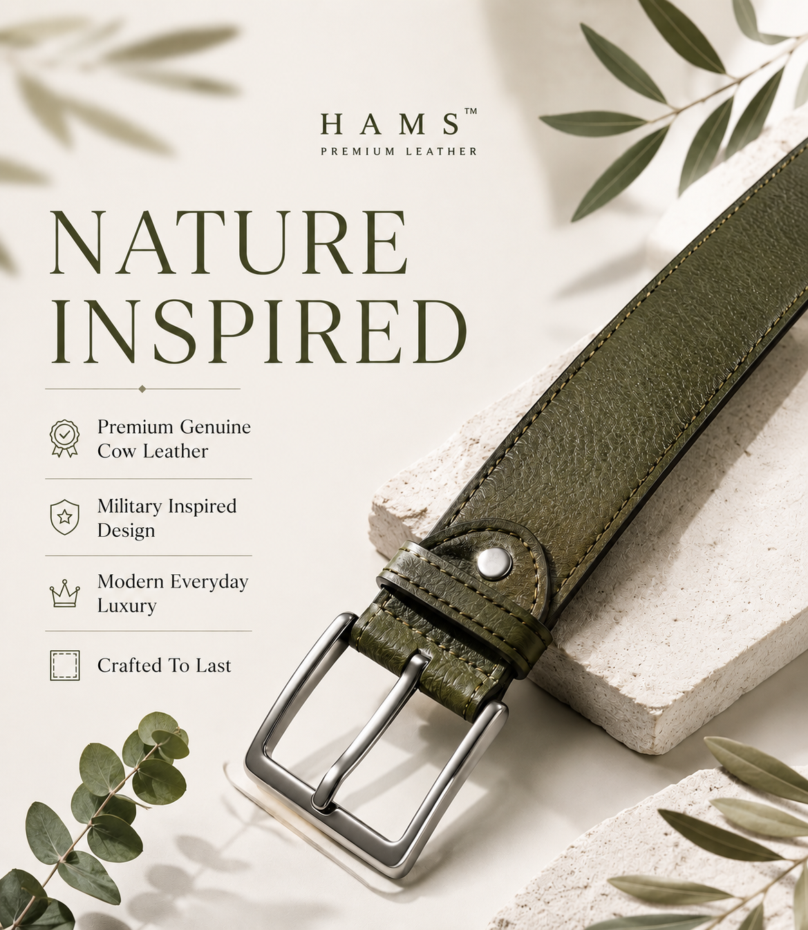 HAMS™ Premium Genuine Cow Leather Belt for Men – Olive Green | Full Grain Leather | Matte Silver Pin Buckle