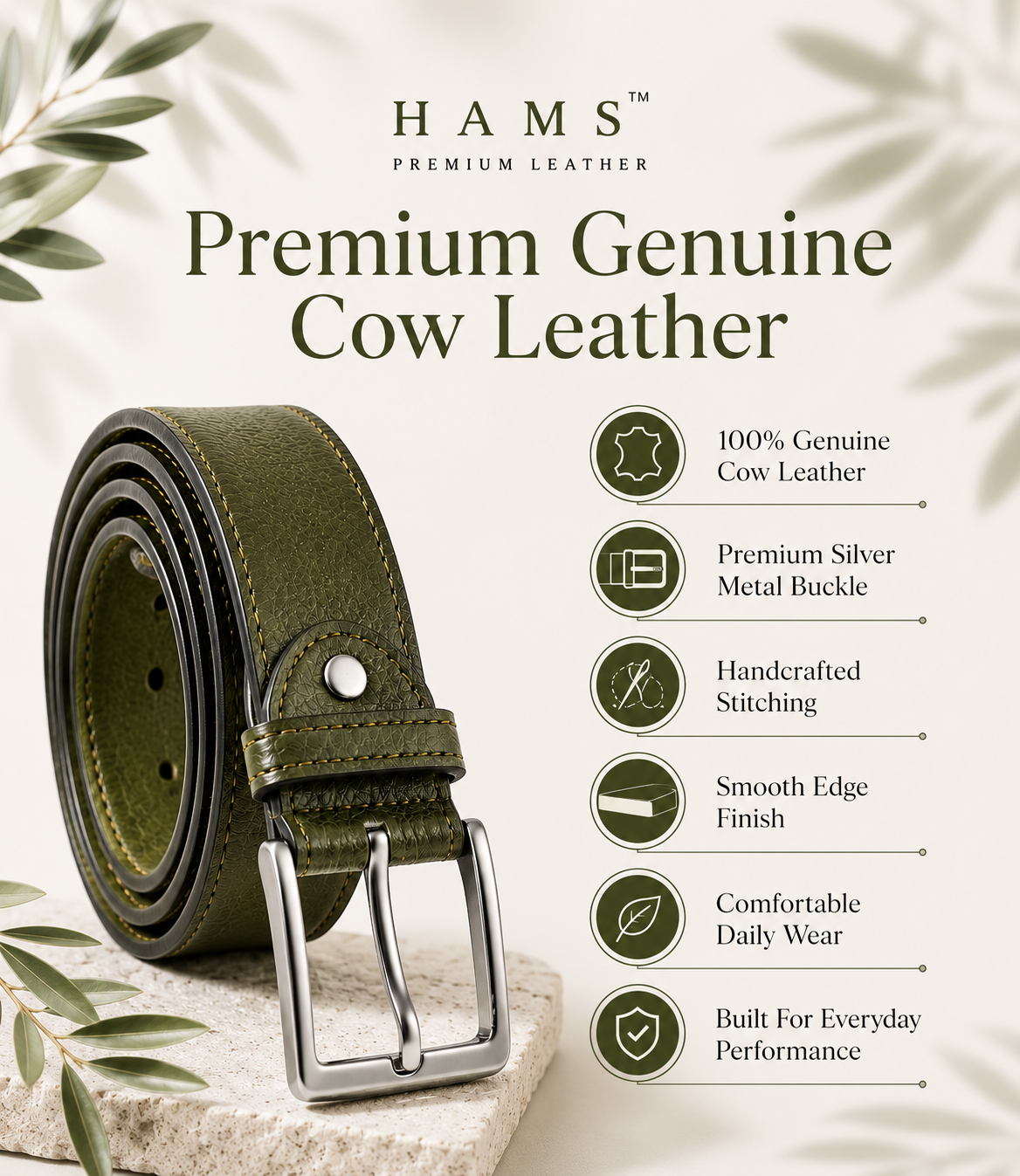 HAMS™ Premium Genuine Cow Leather Belt for Men – Olive Green | Full Grain Leather | Matte Silver Pin Buckle