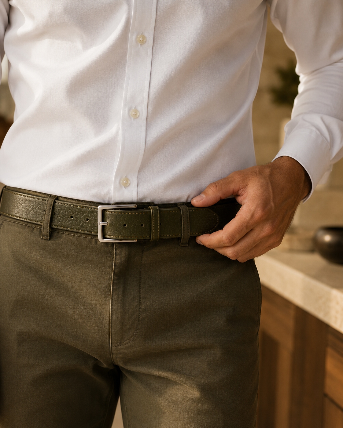HAMS™ Premium Genuine Cow Leather Belt for Men – Olive Green | Full Grain Leather | Matte Silver Pin Buckle