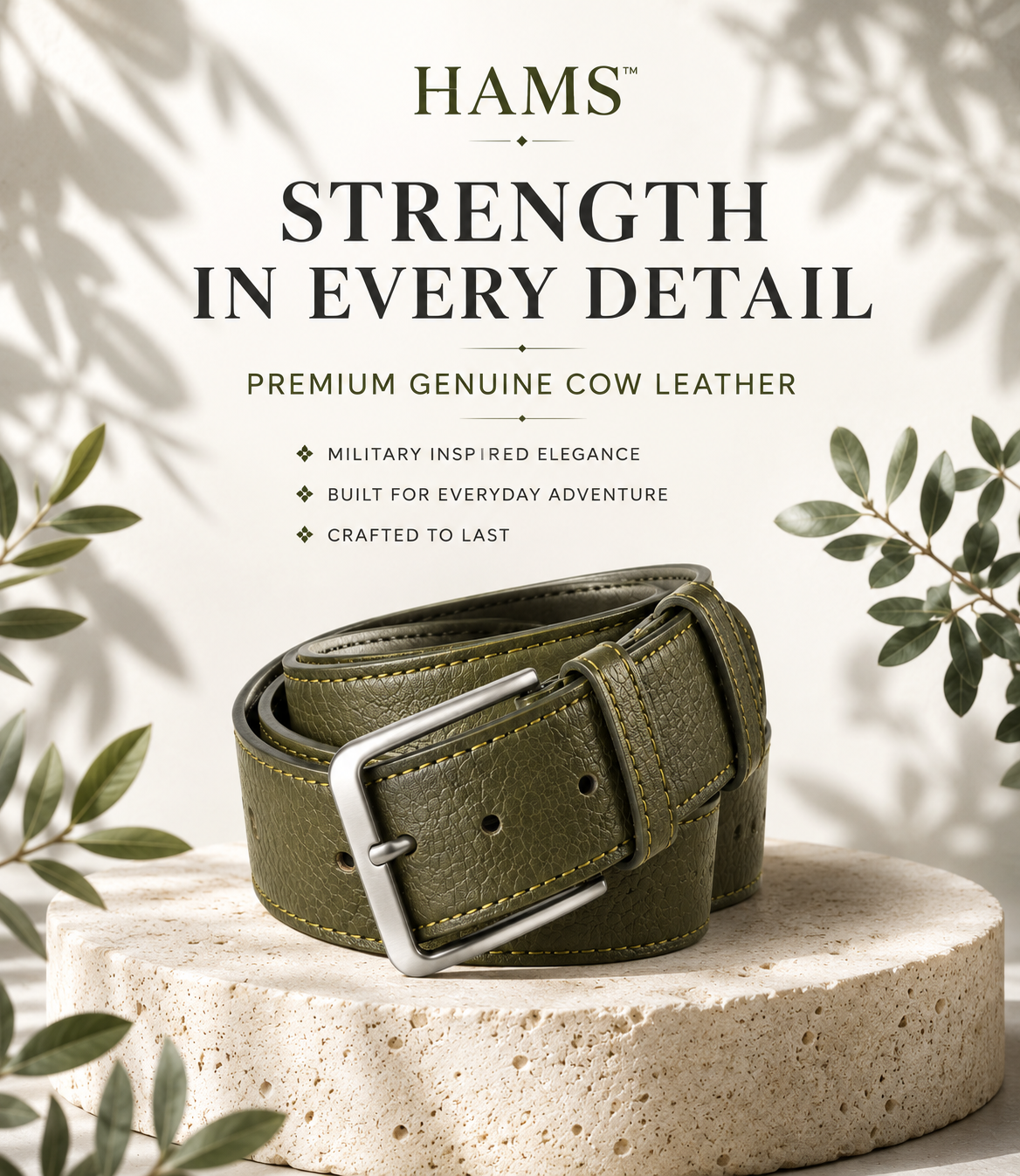 HAMS™ Premium Genuine Cow Leather Belt for Men – Olive Green | Full Grain Leather | Matte Silver Pin Buckle