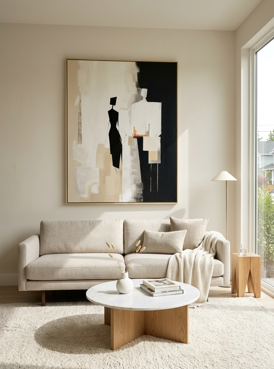 Abstract Silhouette Art Print, Modern Minimalist Beige Charcoal Composition