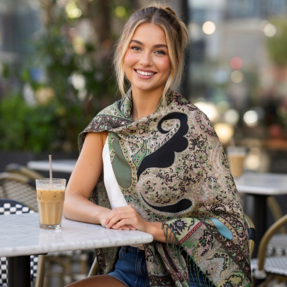 Premium Paisley Wool Shawl for Women – Elegant Printed Winter Wrap with Fringed Edges