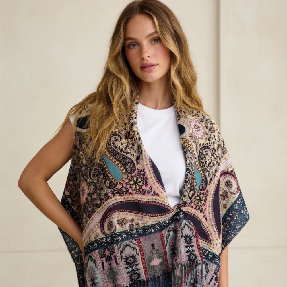 Premium Multicolor Paisley Wool Scarf for Women – Navy Blue, Pink & Beige Printed Winter Wrap with Fringes