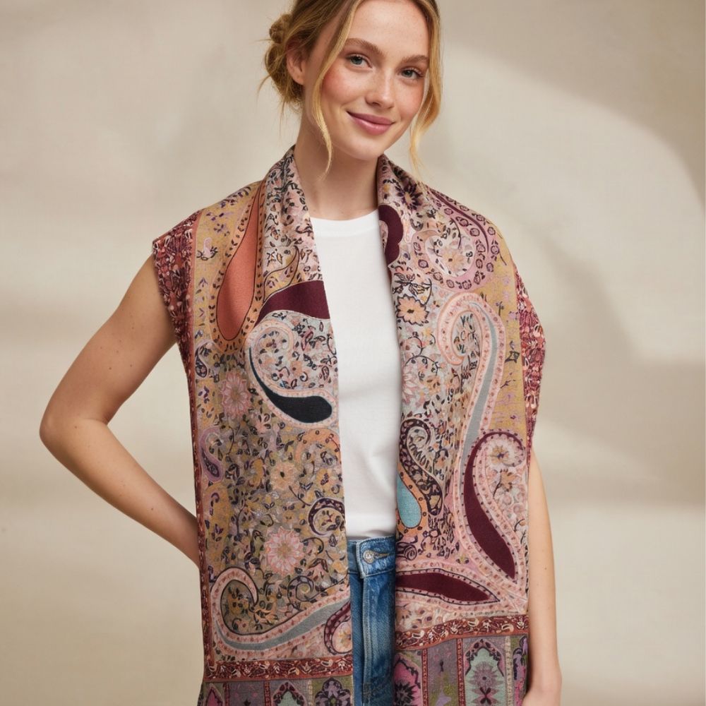 Premium Paisley Wool Shawl for Women – Elegant Printed Winter Wrap with Fringed Edges