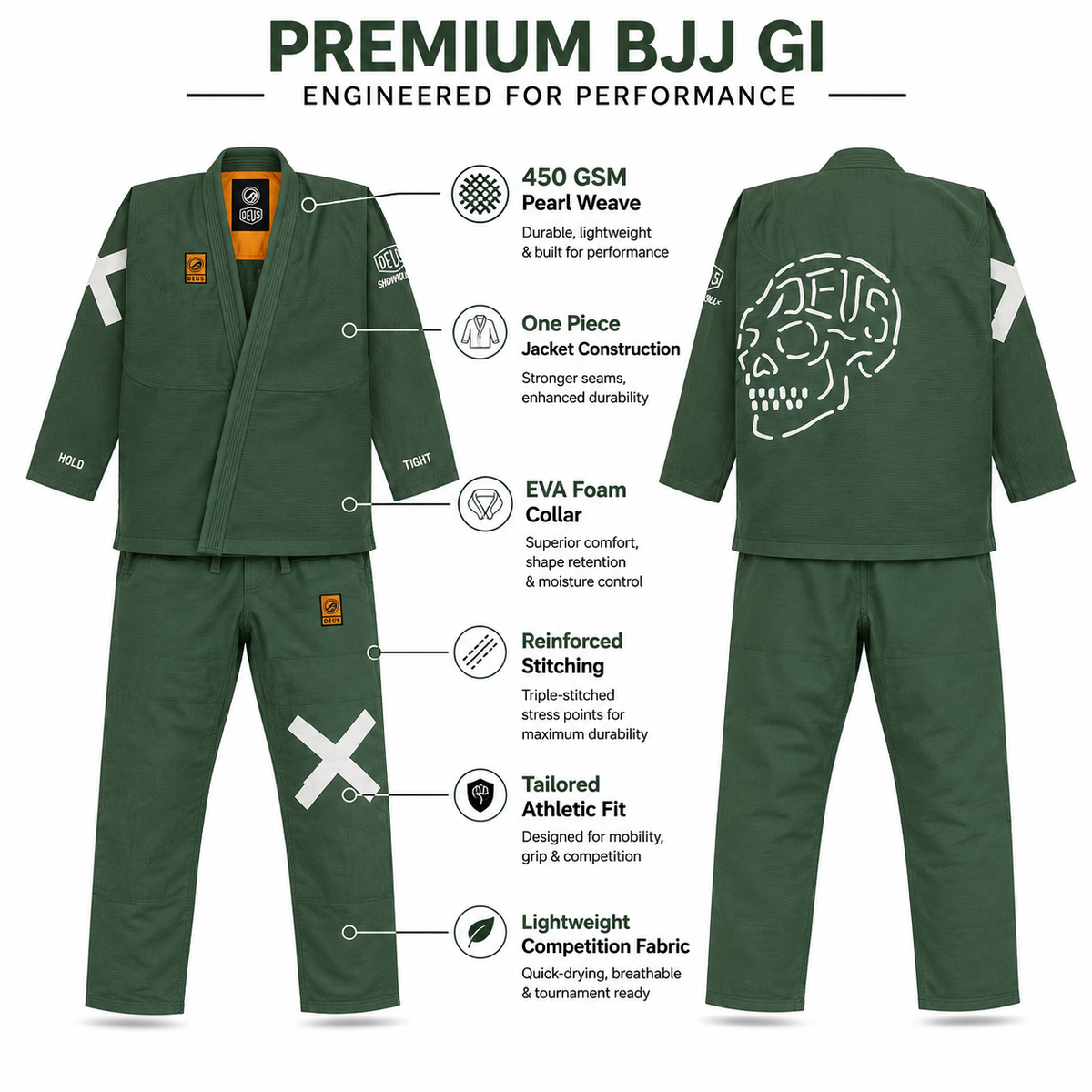 Premium 450 GSM BJJ Gi – Forest Green Brazilian Jiu-Jitsu Uniform