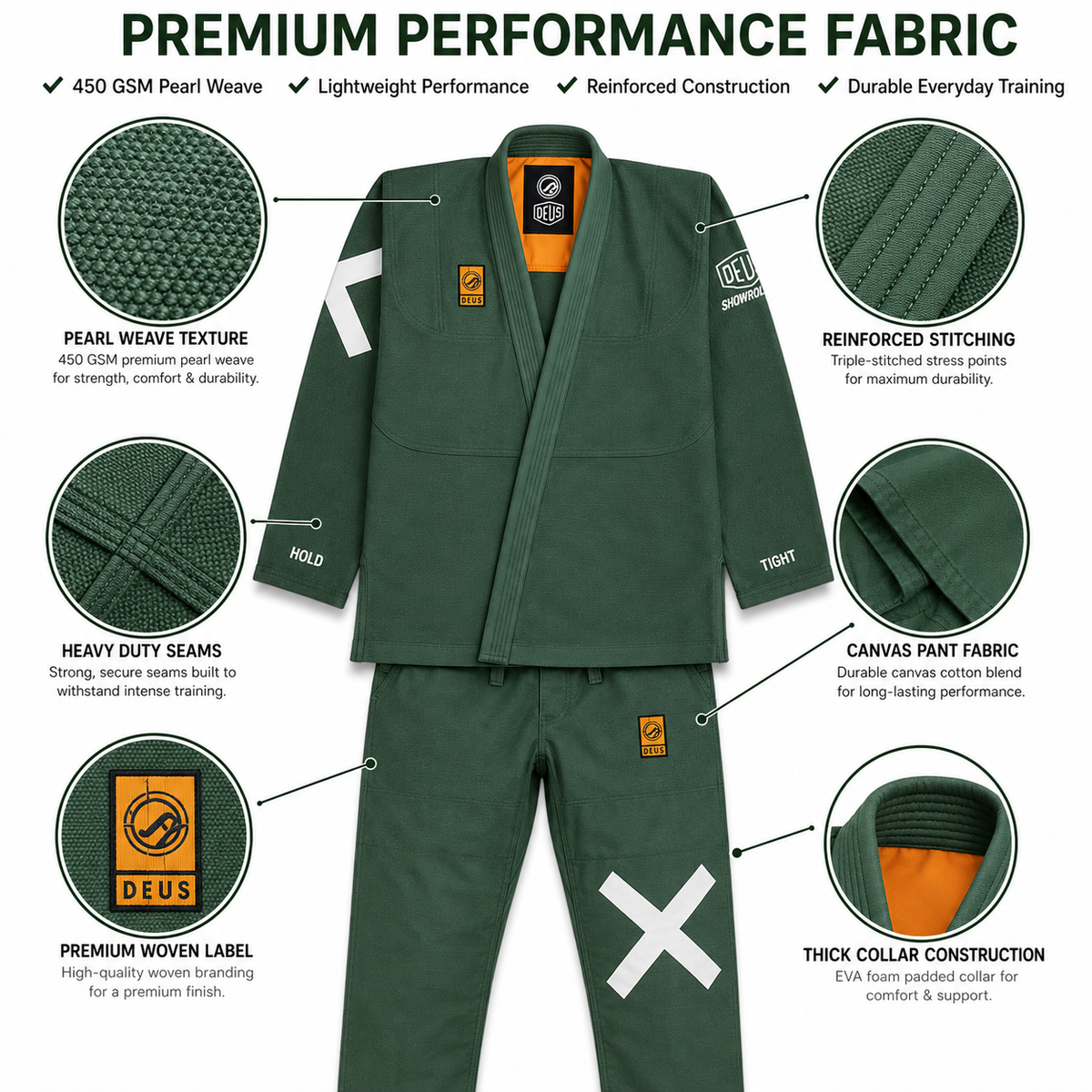 Premium 450 GSM BJJ Gi – Forest Green Brazilian Jiu-Jitsu Uniform