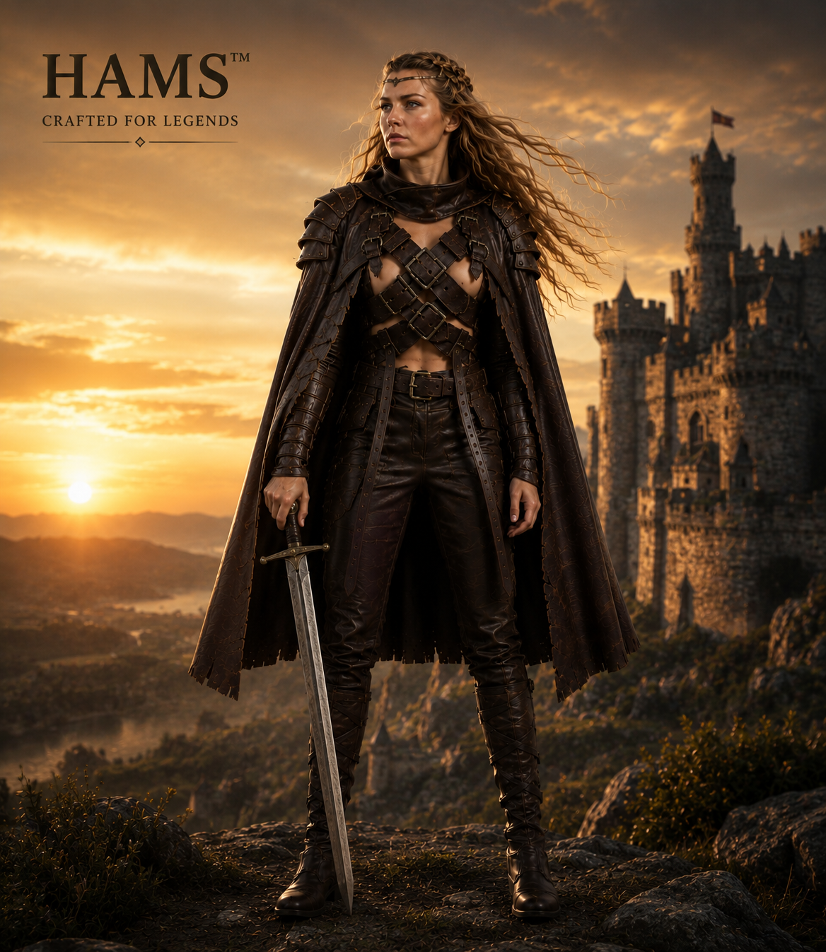 HAMS Women's Genuine Cow Leather Medieval Warrior Armor with Cloak, Handmade Leather LARP & Cosplay Costume