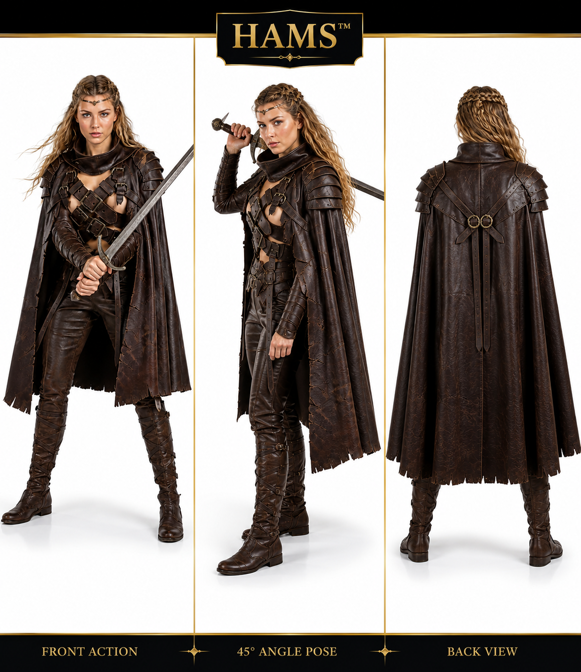 HAMS Women's Genuine Cow Leather Medieval Warrior Armor with Cloak, Handmade Leather LARP & Cosplay Costume