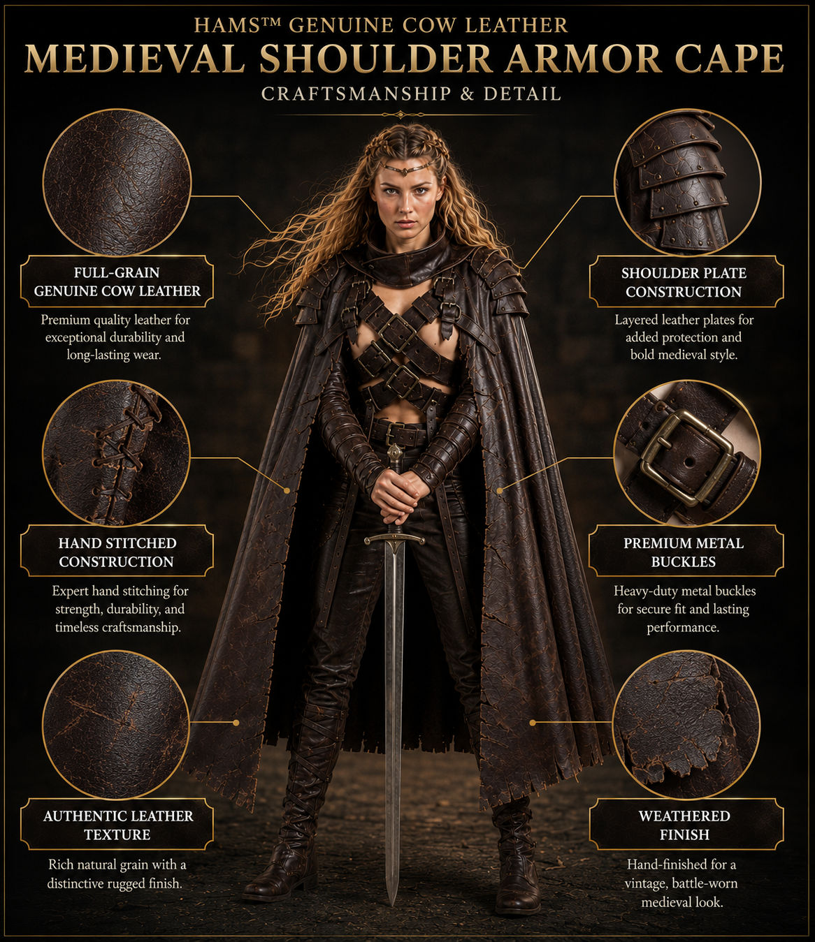 HAMS Women's Genuine Cow Leather Medieval Warrior Armor with Cloak, Handmade Leather LARP & Cosplay Costume