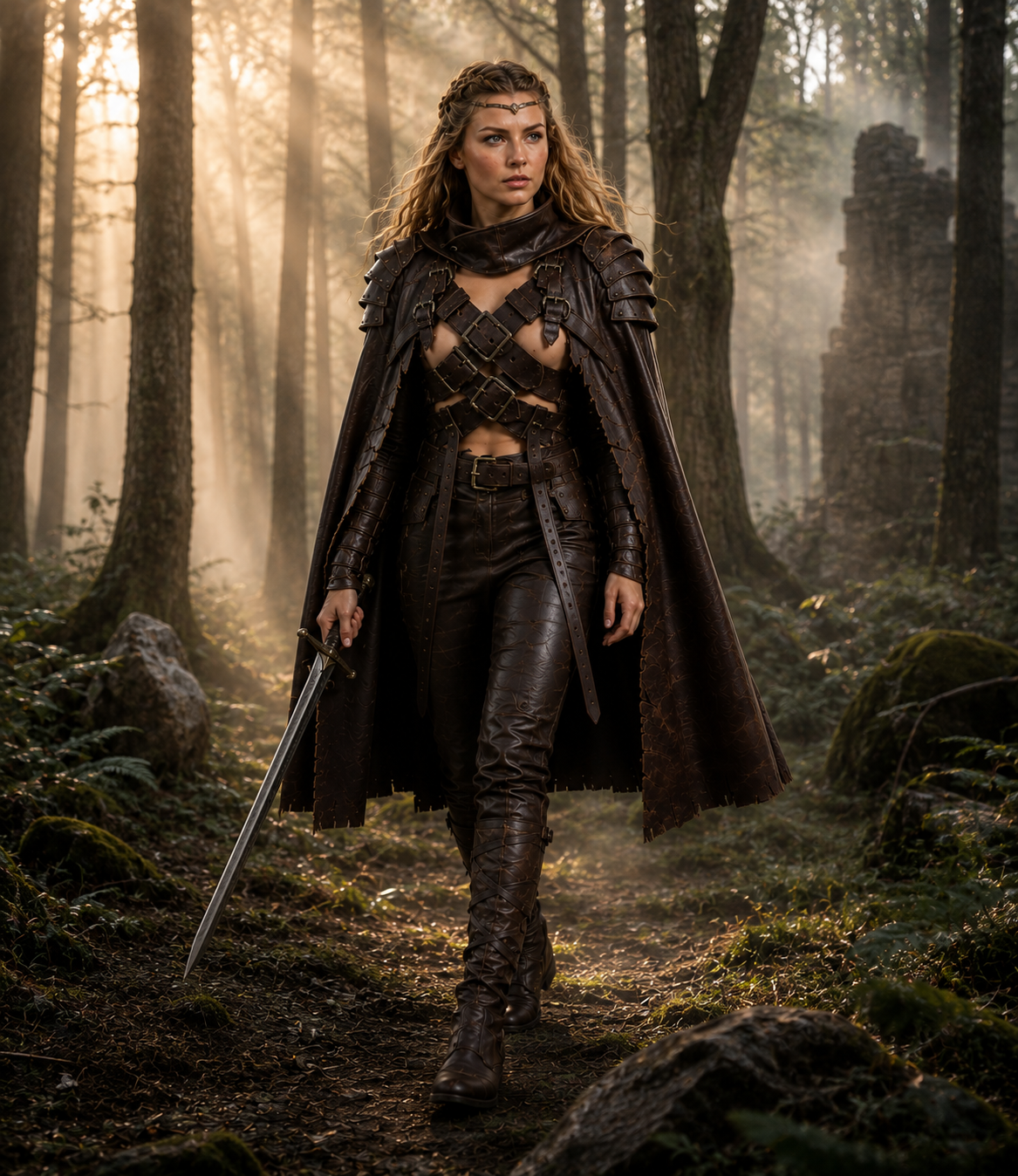 HAMS Women's Genuine Cow Leather Medieval Warrior Armor with Cloak, Handmade Leather LARP & Cosplay Costume